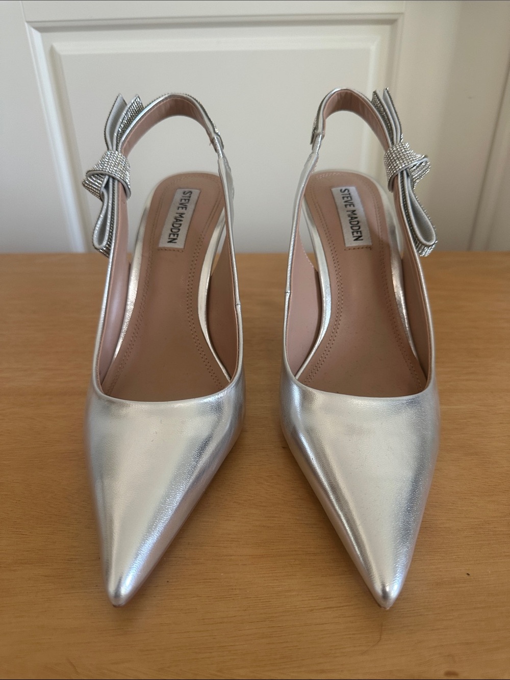 Steve Madden Silver Pointed Slingback Heels with Bow Accent